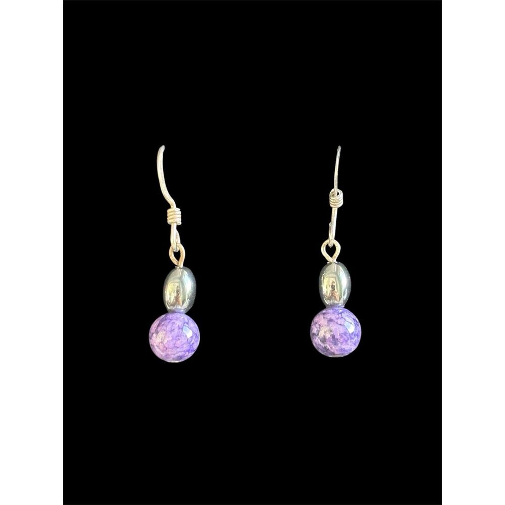 Sterling Silver Purple Charoite And Hematite Dangle Earrings 925